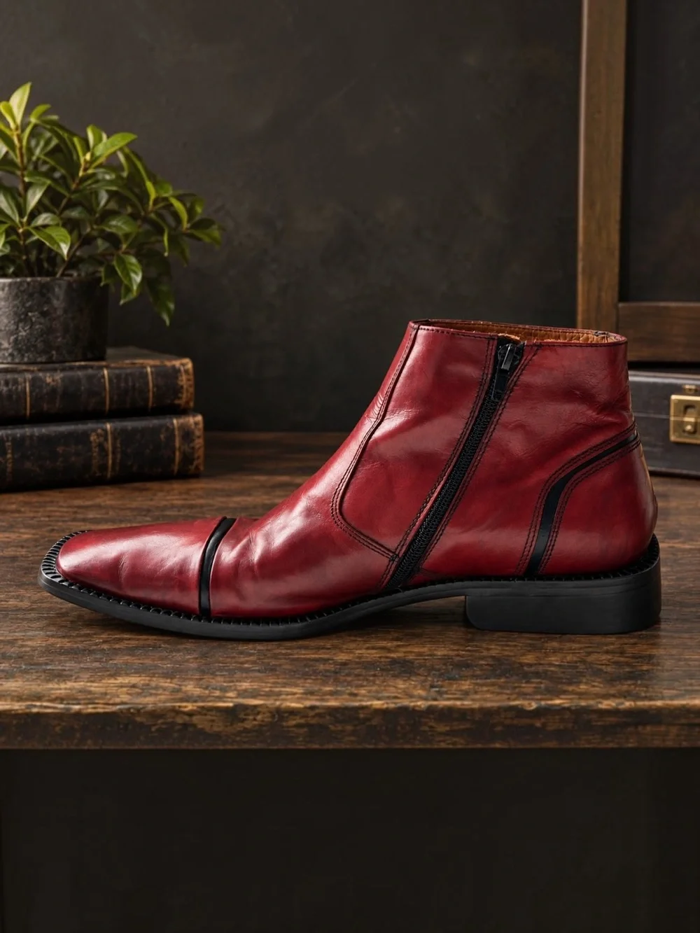 TEMY Vintage Italian Men’s Leather Burgundy/Red Ankle Boot with side zip | EU 42